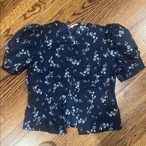 Rebecca Taylor Black and Blue Floral Puff Sleeve Blouse